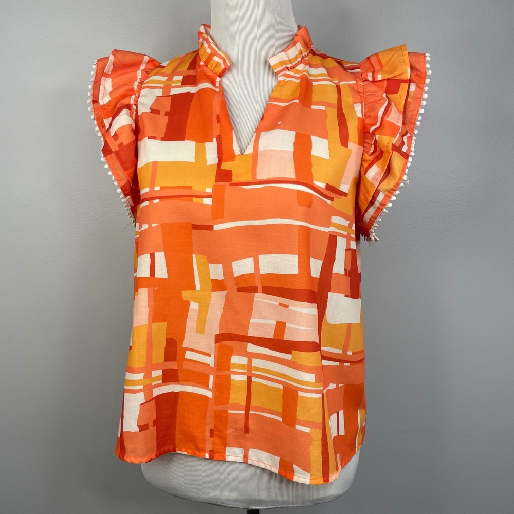 THML Orange Geometric Abstract Flutter Sleeve Pom Pom Trim Top WCT2438-AV-RA S